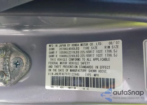 2007 Honda Cr-V Ex-L from USA, damaged, VIN JHLRE48797C122448